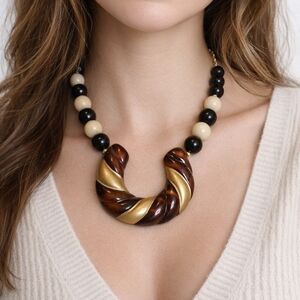 Vintage 80s Faux Tortoise Shell Horseshoe Necklace